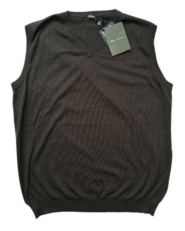 Kiton Sleeveless Sweater Dark Brown Cashmere Silk V-Neck EU 52 / L BLACK FRIDAY SALE