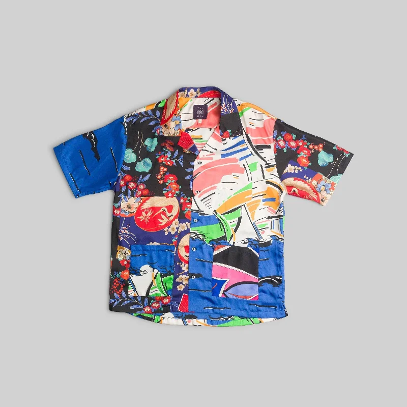 Men's short-sleeve blue polyester tee-Silk Patchwork Camp Shirt with Pockets