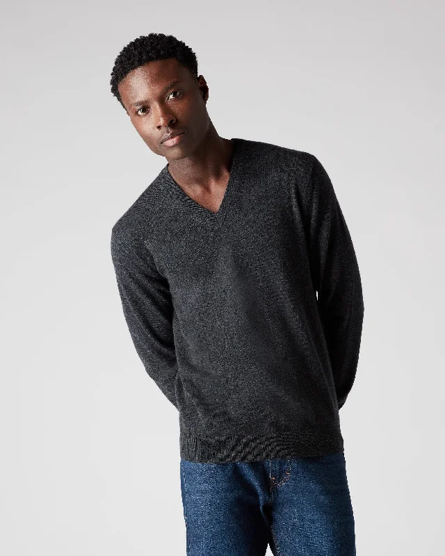 Men's Burlington V Neck Cashmere Sweater Dark Charcoal Grey