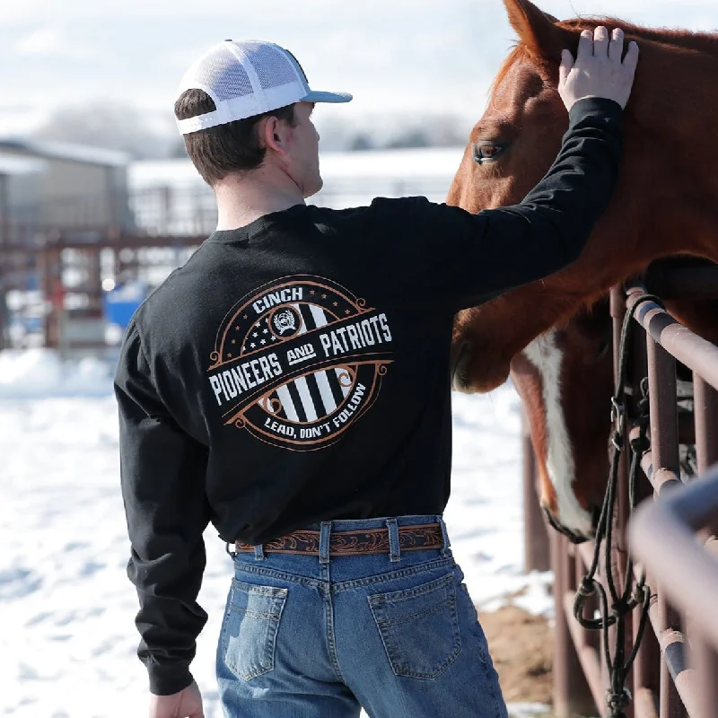 Men's short-sleeve boho printed shirt-Cinch Men's Black Pioneer and Patriots Long Sleeve T-Shirt