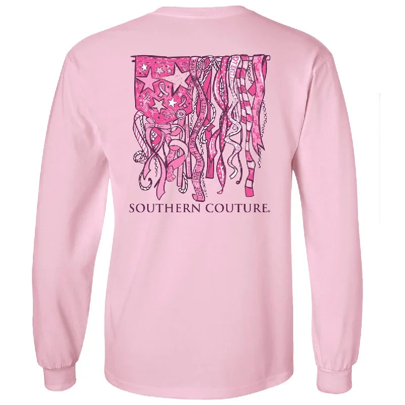 Men's short-sleeve modern fit shirt-Southern Couture Classic Breast Cancer Ribbon Flag Long Sleeve T-Shirt