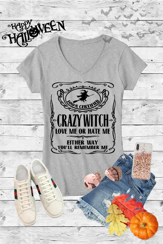 Men's short-sleeve workout shirt-Crazy Witch Love Me or Hate Me Halloween Canvas Girlie V-Neck T Shirt