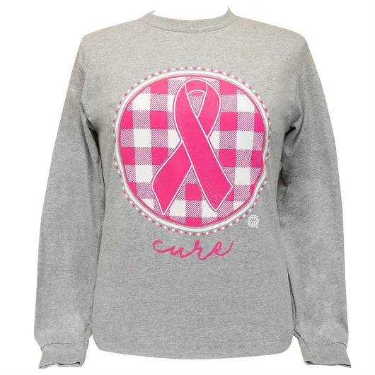 Men's short-sleeve stylish top-Girlie Girl Originals Cure Ribbon Plaid Cancer Long Sleeve T-Shirt