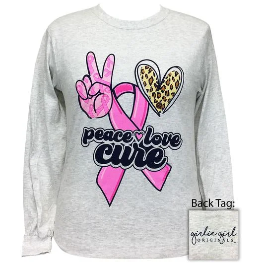 Men's short-sleeve fishing green shirt-Girlie Girl Originals Peace Love Cure Breast Cancer Leopard Long Sleeves T Shirt