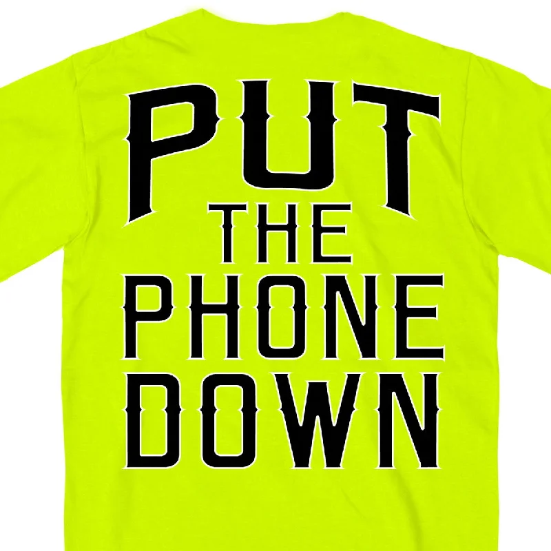 Men's short-sleeve striped shirt-Hot Leathers GMD1410 Mens 'Put The Phone Down' Safety Green T-Shirt