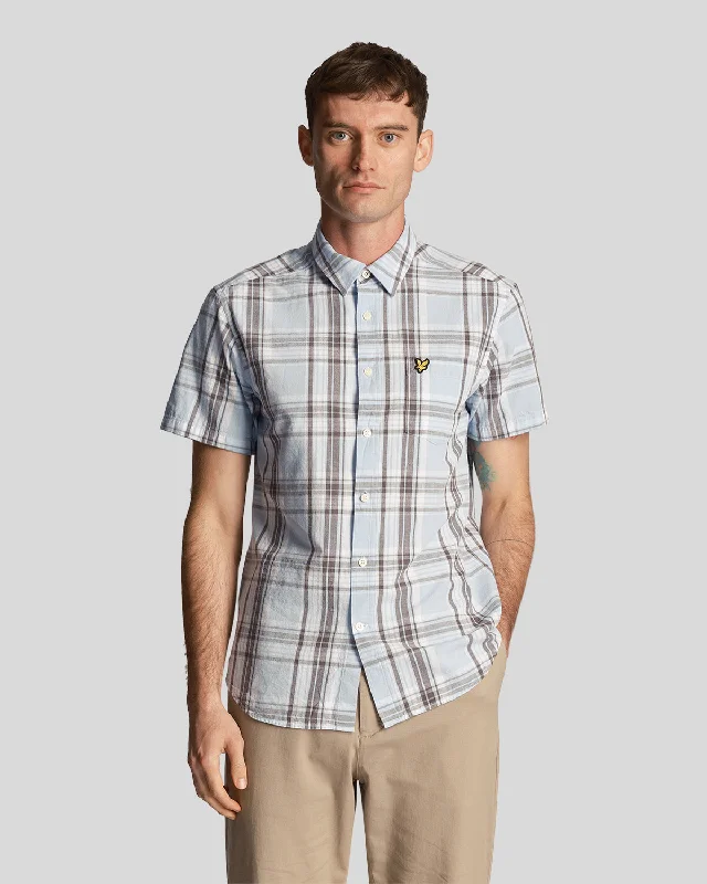 Men's short-sleeve olive tactical shirt-Linen Check Short Sleeve Shirt