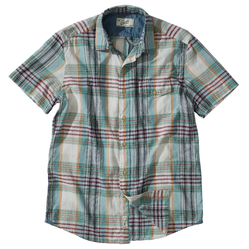 Men's short-sleeve silk luxury top-Livingstone's Classic Madras Plaid Short Sleeve Shirt - Lunar Rock Blue Tan