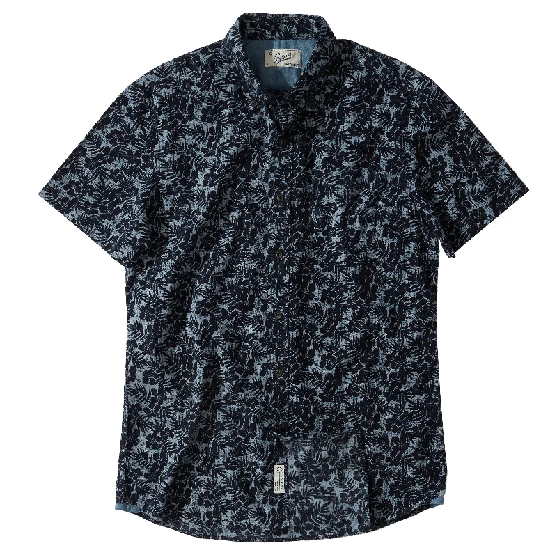 Men's short-sleeve organic cotton shirt-Navy Floral Printed Chambray Short Sleeve Shirt - Navy Floral