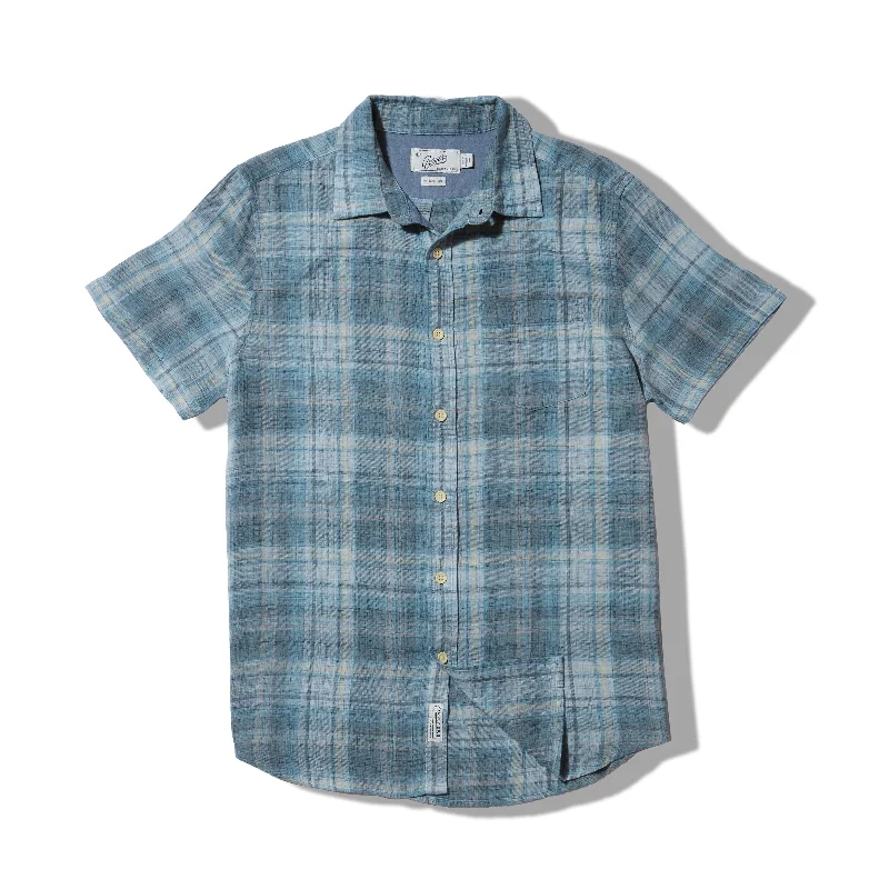 Men's short-sleeve casual shirt-Madras Power Loom Twill Short Sleeve Shirt - Blue Tones