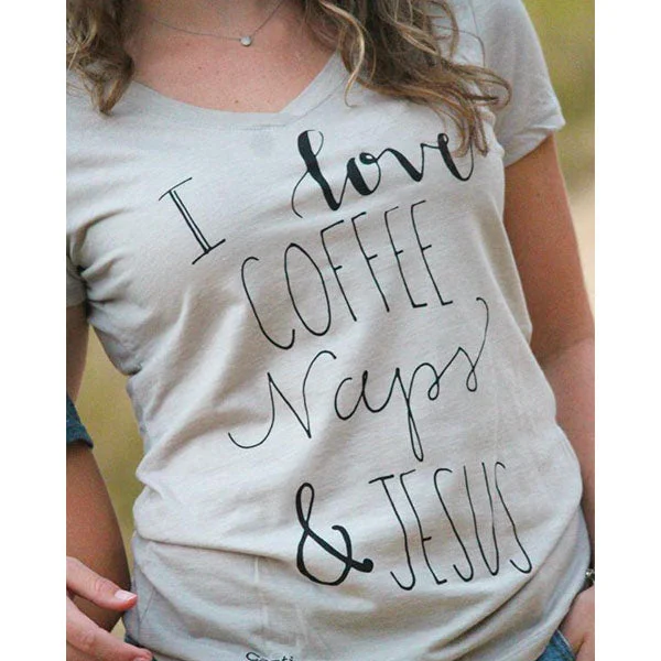 Men's short-sleeve polo shirt-Sassy Frass Captivated I Love Coffee Naps & Jesus V-Neck Bright Girlie T Shirt