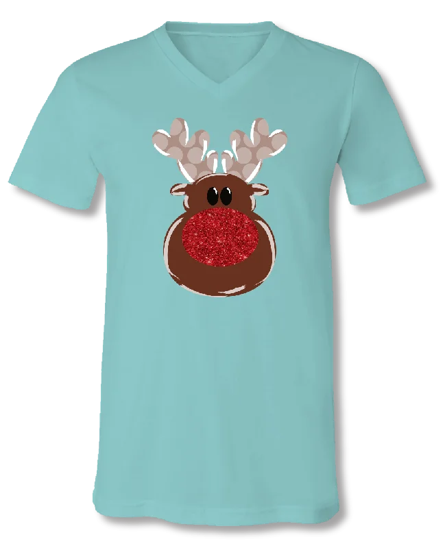 Men's short-sleeve gray casual top-SALE Sassy Frass Holiday Glitter Nose Reindeer Christmas V-Neck Bright Girlie T Shirt