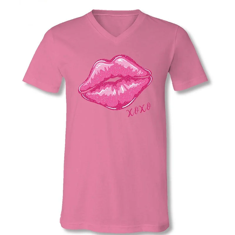 Men's short-sleeve synthetic workout shirt-Sassy Frass XOXO Glitter Lips V-Neck Canvas T-Shirt