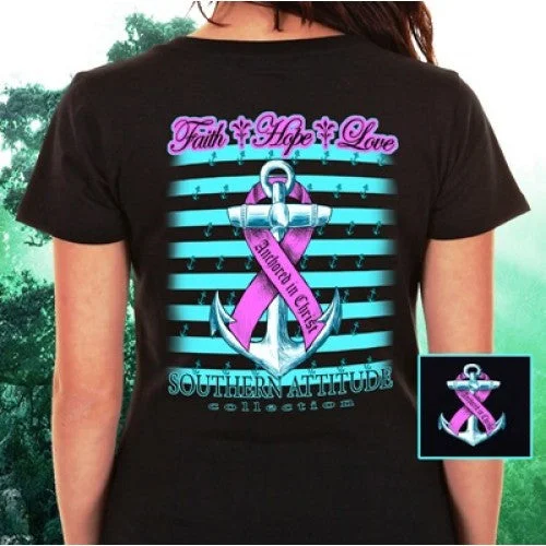 Men's short-sleeve punk graphic tee-Southern Attitude Faith Hope Anchor Breast Cancer Navy T-Shirt