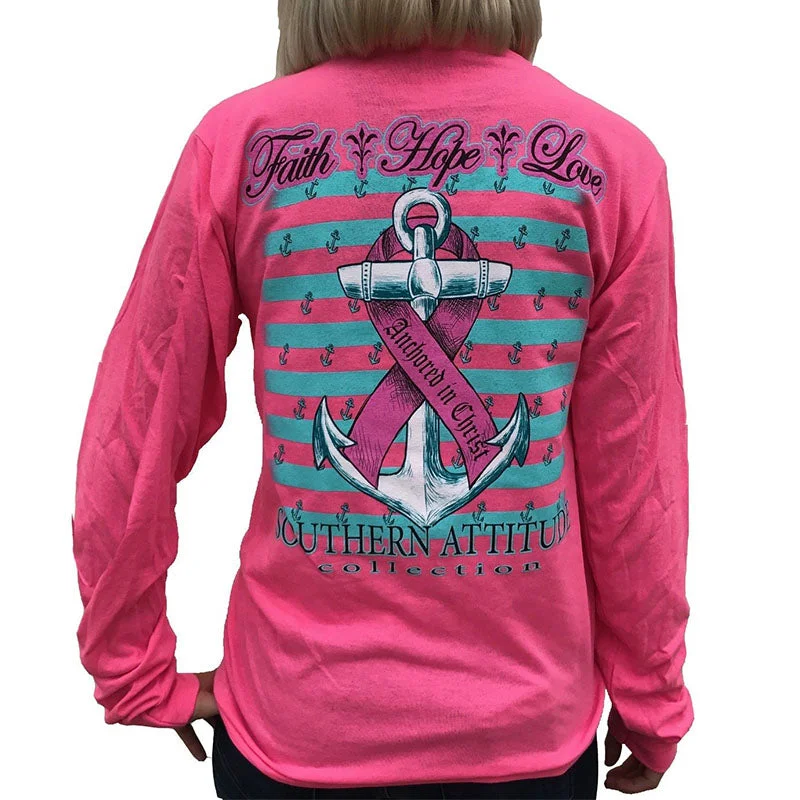 Men's short-sleeve bold print shirt-Southern Attitude Faith Hope Anchor Breast Cancer Pink Long Sleeve T-Shirt