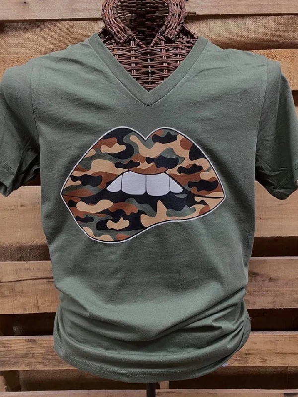 Men's short-sleeve striped shirt-Southern Chics Apparel Camo Biting Lip V-Neck Canvas Bright T Shirt