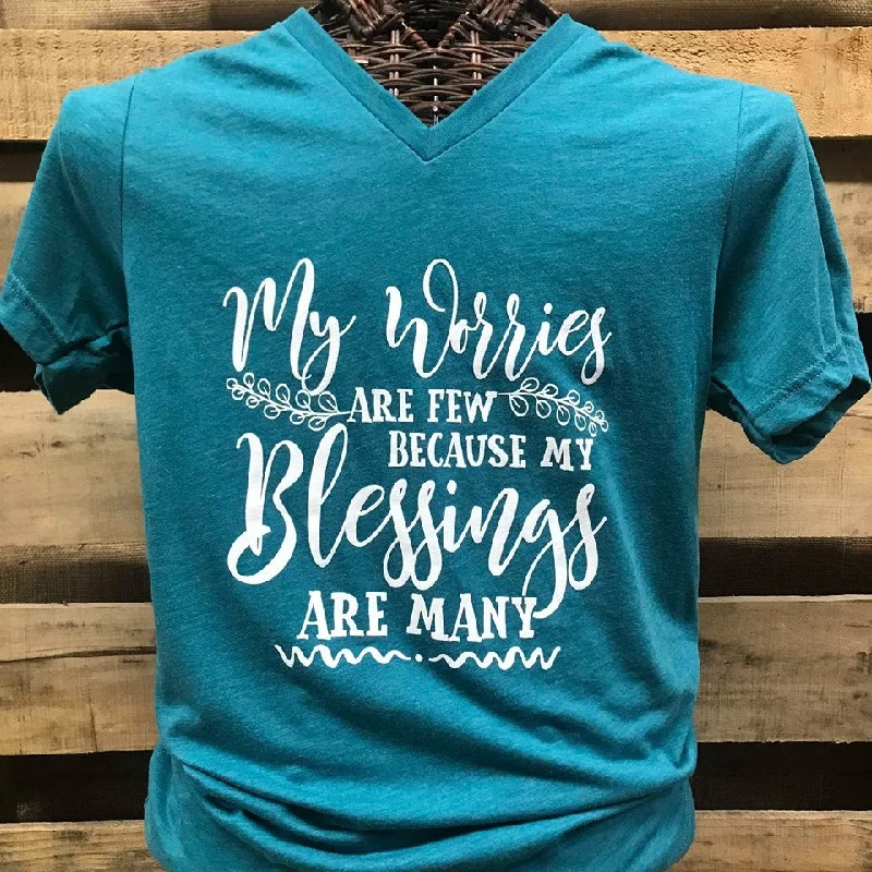 Men's short-sleeve dress shirt-Southern Chics Apparel My Worries are Few My Blessings are Many Canvas V-Neck Bright T Shirt