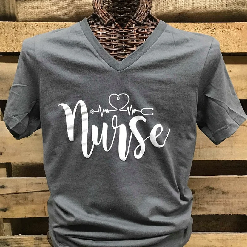 Men's short-sleeve silver modern shirt-Southern Chics Apparel Nurse Nursing Heartbeat V-Neck Canvas T Shirt