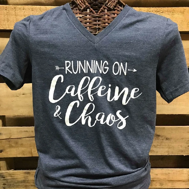 Men's short-sleeve modern fit shirt-Southern Chics Apparel Running on Caffeine & Chaos Arrow  Canvas Girlie V-Neck Bright T Shirt