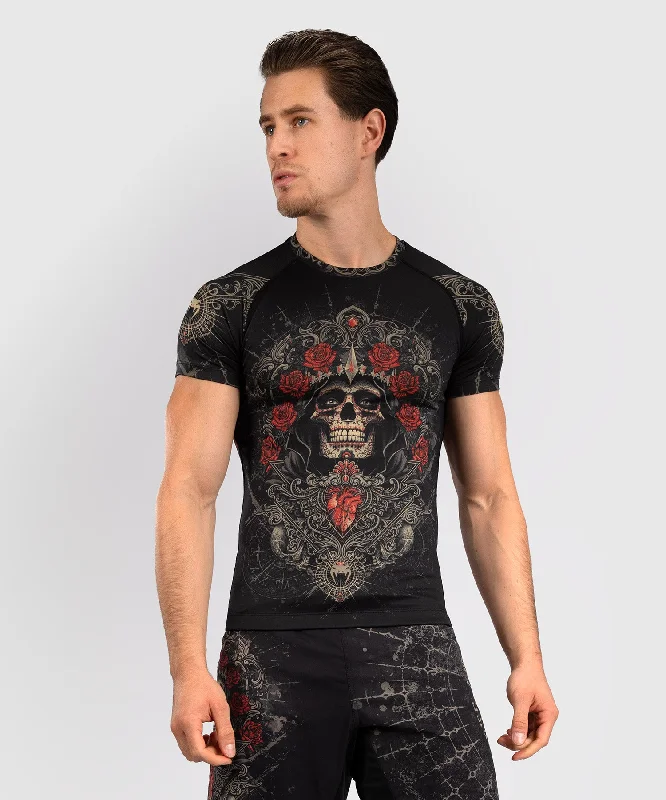 Men's short-sleeve flannel shirt-Venum Santa Muerte 5.0 Men’s Short Sleeve Rashguard - Deep Black/Gold