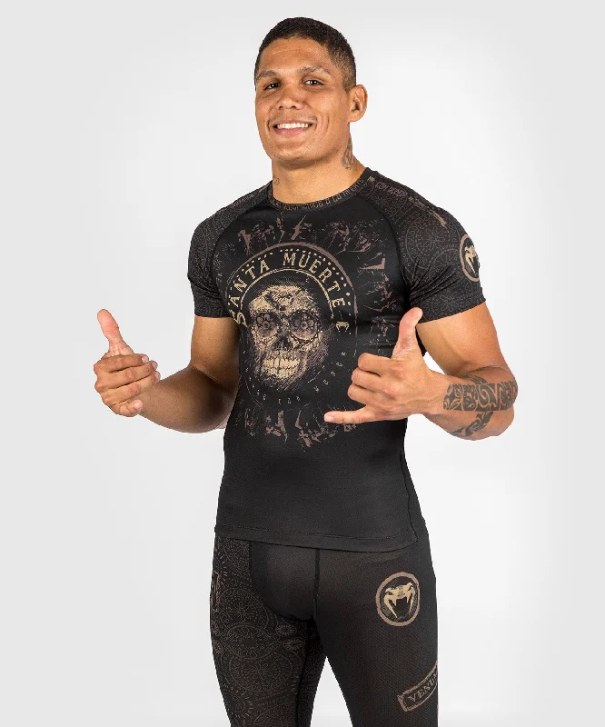 Men's short-sleeve sporty red top-Venum Santa Muerte Dark Side - Rashguard Short Sleeves - Black/Brown