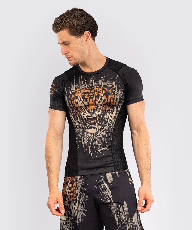 Men's short-sleeve workout shirt-Venum Tiger Men's Short Sleeve Rashguard - Black/Neon Orange