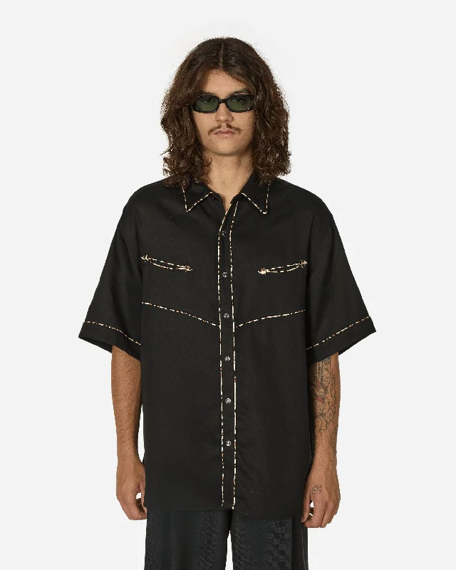 Men's short-sleeve beige linen top-Western Shirt Black