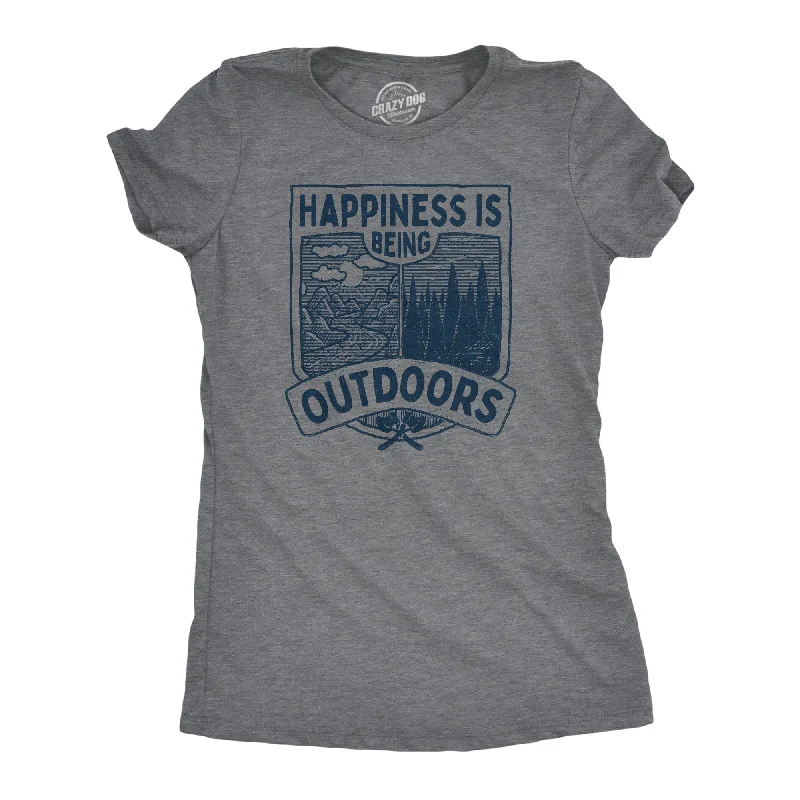 Men's short-sleeve workout shirt-Womens Happiness Is Being Outdoors T Shirt Funny Cool Nature Hiking Camping Lovers Tee For Ladies