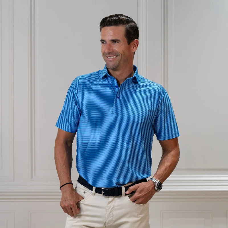 Men's short-sleeve linen shirt-Featherweight Flex Polo Griffin Turquoise with Blue Stripe