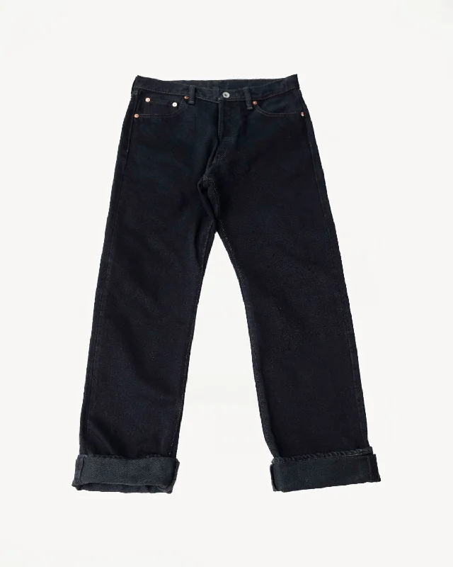 men's relaxed navy waterproof pants-IH-634S-B - 21oz Selvedge Denim Straight Cut Jeans - Indigo Overdyed Black