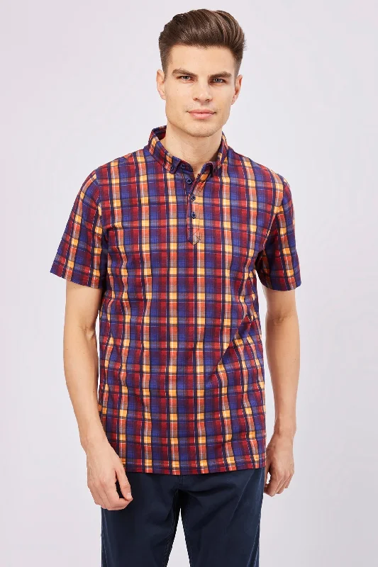 Men's short-sleeve red cotton shirt-Leo Orange, Blue, and Purple Plaid Polo