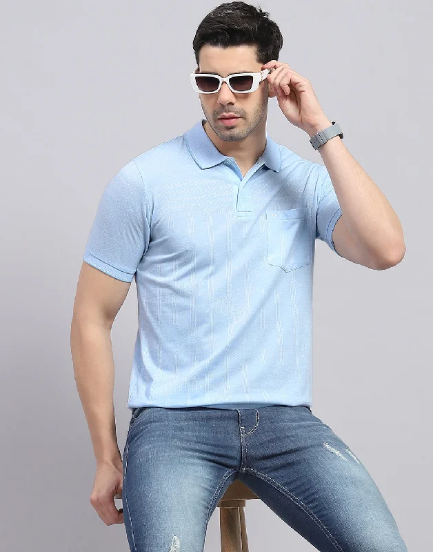 Men's short-sleeve bright color tee-Men Blue Printed Polo Collar Half Sleeve T-Shirt