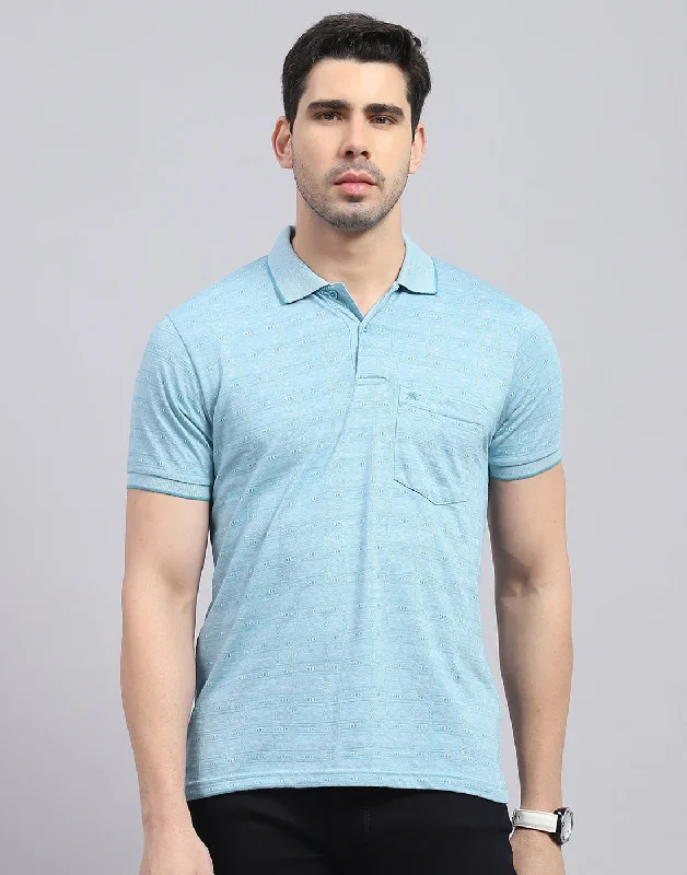 Men's short-sleeve casual graphic shirt-Men Blue Printed Polo Collar Half Sleeve T-Shirt