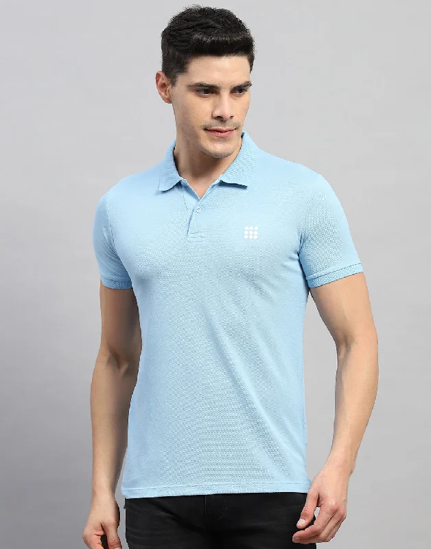 Men's short-sleeve workout shirt-Men Blue Solid Polo Collar Half Sleeve T-Shirt