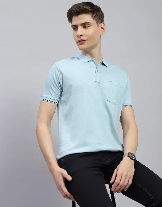 Men's short-sleeve vintage tee-Men Blue Solid Polo Collar Half Sleeve T-Shirt