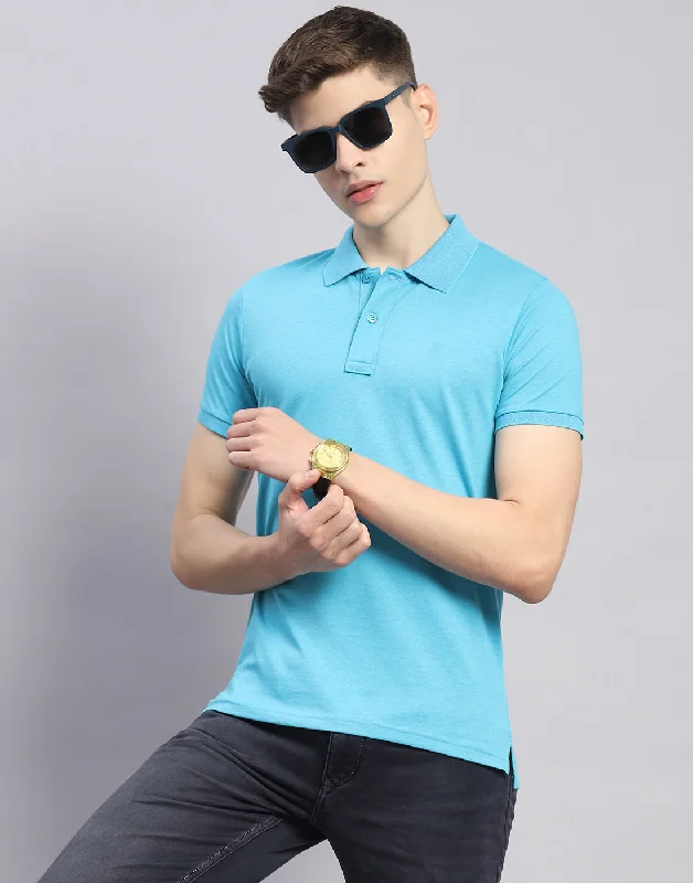 Men's short-sleeve classic white tee-Men Blue Solid Polo Collar Half Sleeve T-Shirt