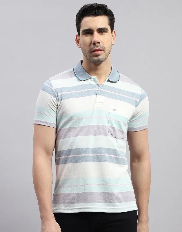 Men's short-sleeve beige linen top-Men Blue Stripe Polo Collar Half Sleeve T-Shirt