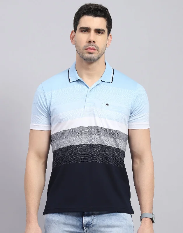 Men's short-sleeve purple slim fit shirt-Men Blue Stripe Polo Collar Half Sleeve T-Shirt