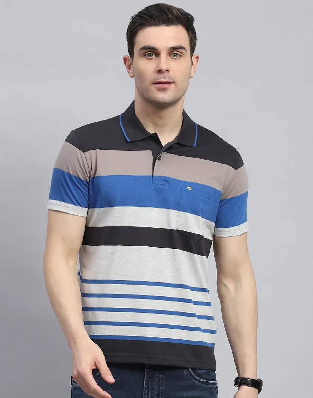 Men's short-sleeve violet stylish top-Men Blue Stripe Polo Collar Half Sleeve T-Shirt