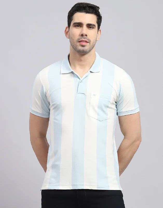 Men's short-sleeve festival shirt-Men Blue Stripe Polo Collar Half Sleeve T-Shirt