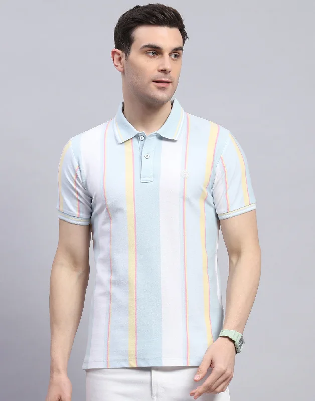 Men's short-sleeve festival shirt-Men Blue Stripe Polo Collar Half Sleeve T-Shirt