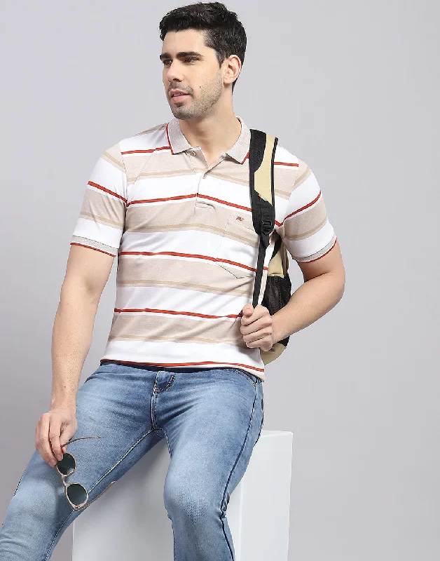 Men's short-sleeve retro shirt-Men Brown Stripe Polo Collar Half Sleeve T-Shirt