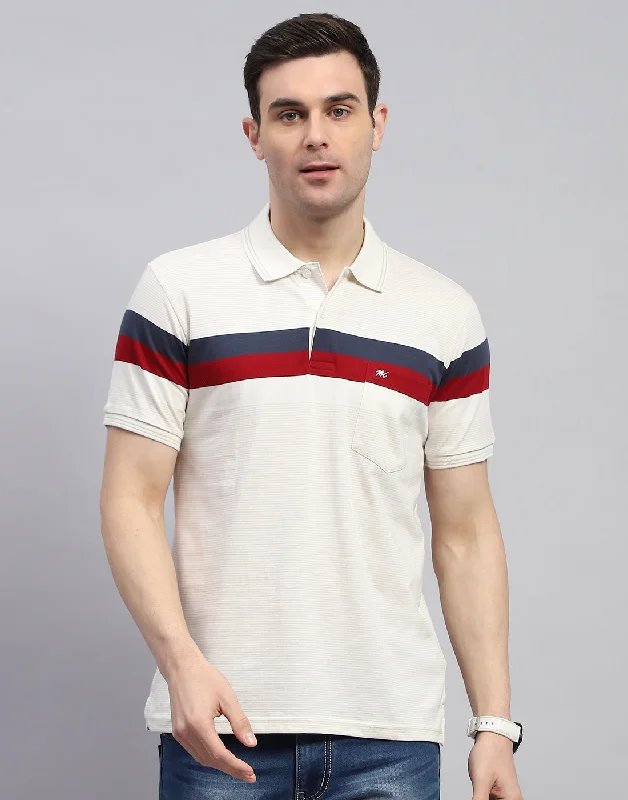 Men's short-sleeve blue polyester tee-Men Cream Stripe Polo Collar Half Sleeve T-Shirt