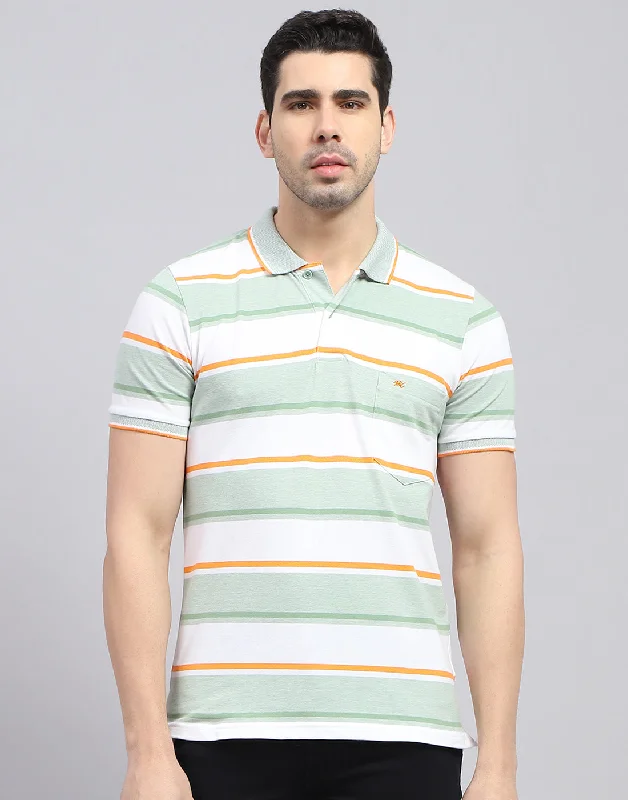 Men's short-sleeve soft tee-Men Green Stripe Polo Collar Half Sleeve T-Shirt