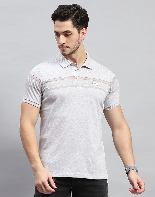 Men's short-sleeve polo shirt-Men Grey Stripe Polo Collar Half Sleeve T-Shirt