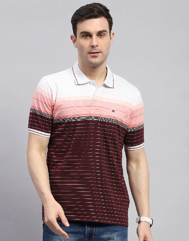 Men's short-sleeve stylish top-Men Maroon Stripe Polo Collar Half Sleeve T-Shirt