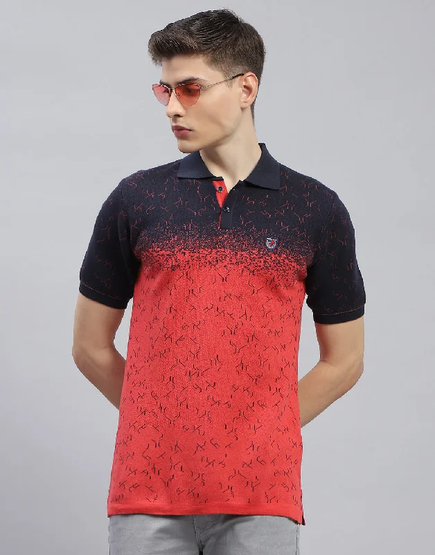 Men's short-sleeve affordable cotton tee-Men Navy Blue Printed Polo Collar Half Sleeve T-Shirt