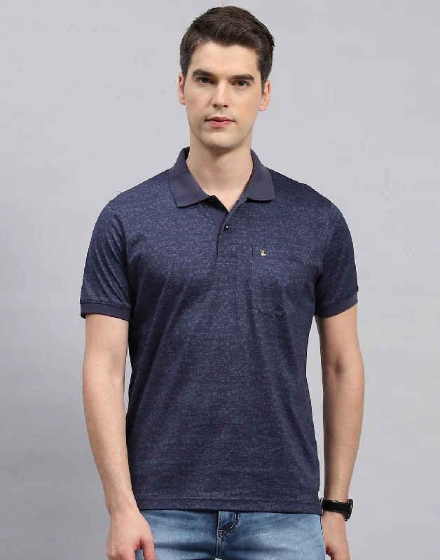 Men's short-sleeve hipster plaid shirt-Men Navy Blue Printed Polo Collar Half Sleeve T-Shirt