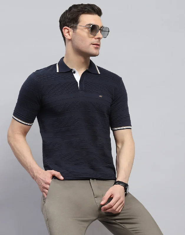 Men's short-sleeve silk luxury top-Men Navy Blue Solid Polo Collar Half Sleeve T-Shirt