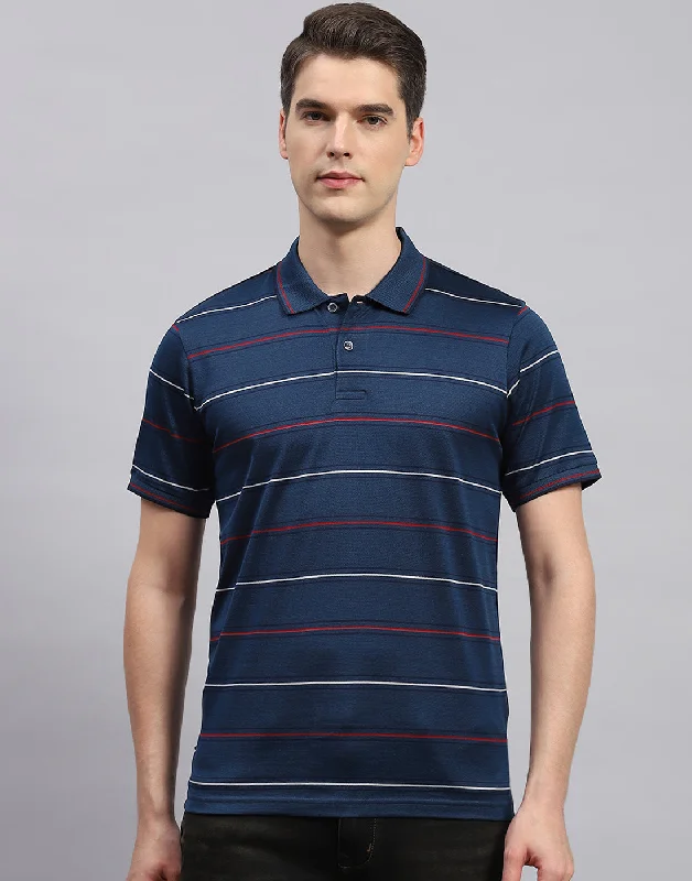 Men's short-sleeve fishing green shirt-Men Navy Blue Stripe Polo Collar Half Sleeve T-Shirt