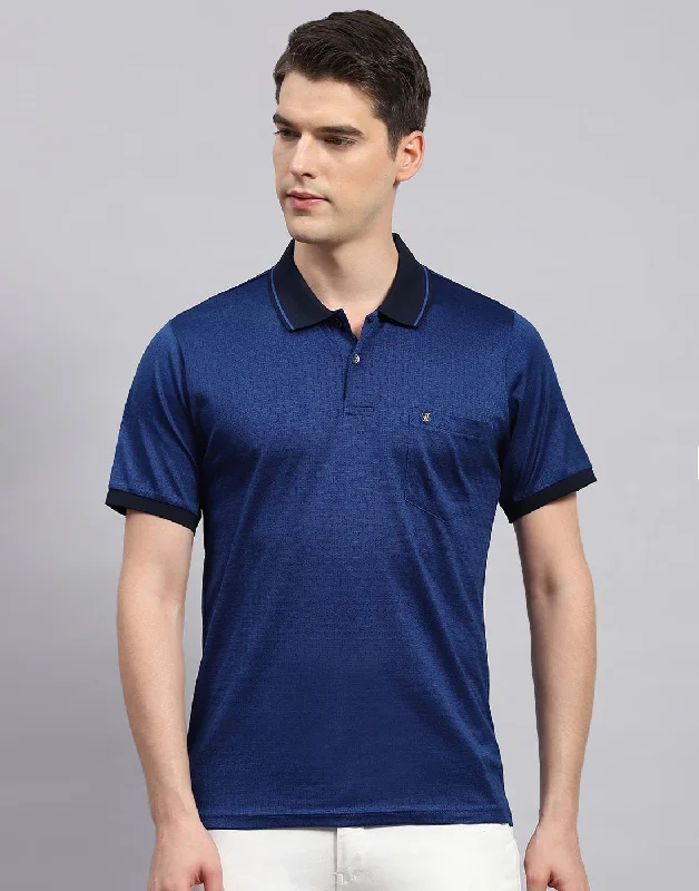 Men's short-sleeve sporty red top-Men Navy Blue Stripe Polo Collar Half Sleeve T-Shirt